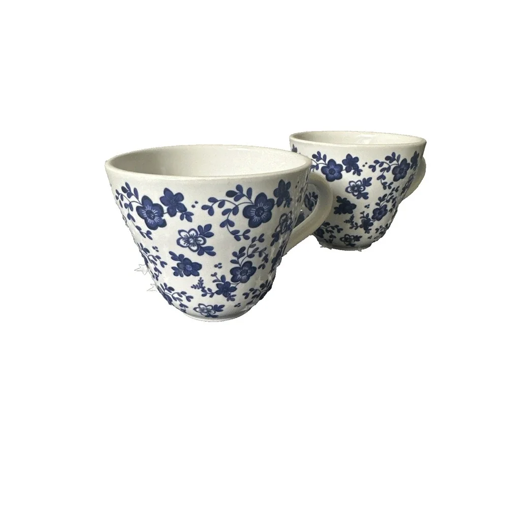 2 IKEA  Sweden Blue & White Floral Flower Coffee Tea Hot Chocolate Mug Cup 10oz
